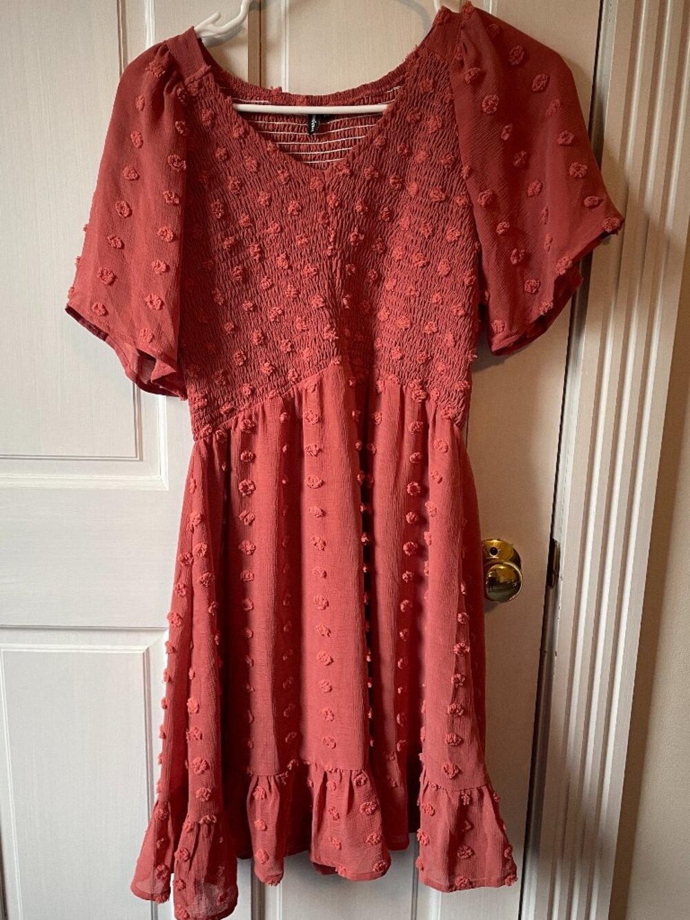 Annebouti Women Flutter Sleeve V Neck Babydoll Smocked Swiss Dot Mini Dress Pink